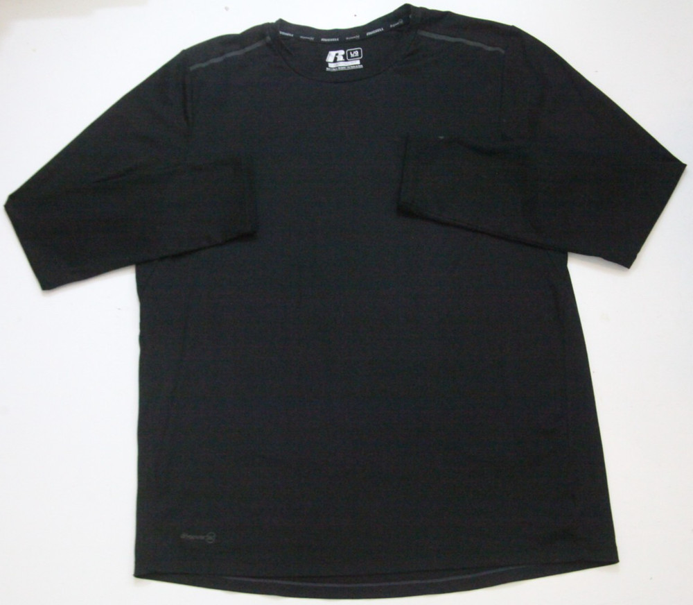 Large Russell Black Poly Spandex Crew Neck Tee T-Shirt Mens Lightweight WS263