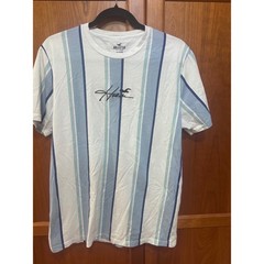 Hollister Mens Blue White Vertical Stripe Embroidered Logo Cotton T-Shirt L