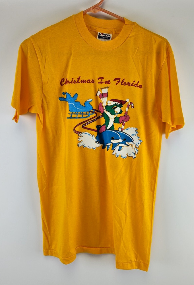 Vintage Christmas In Florida Hanes 50/50 Single Stitch T-Shirt Size M 38-40