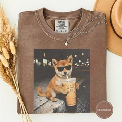 Funny Shiba Inu Drinking Iced Coffee Shirt, Animal Meme Tee T-Shirt