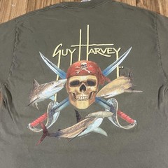 Vintage Guy Harvey Shirt Mens Large Green Pirate Skull Shark Fish Ocean Y2K