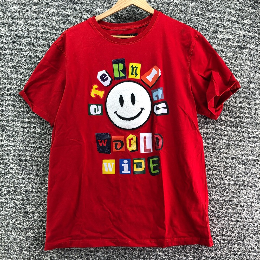 Eternity BC / AD World Wide T-Shirt Tee Red Mens Sz L Smiley Face Crew Neck Soft