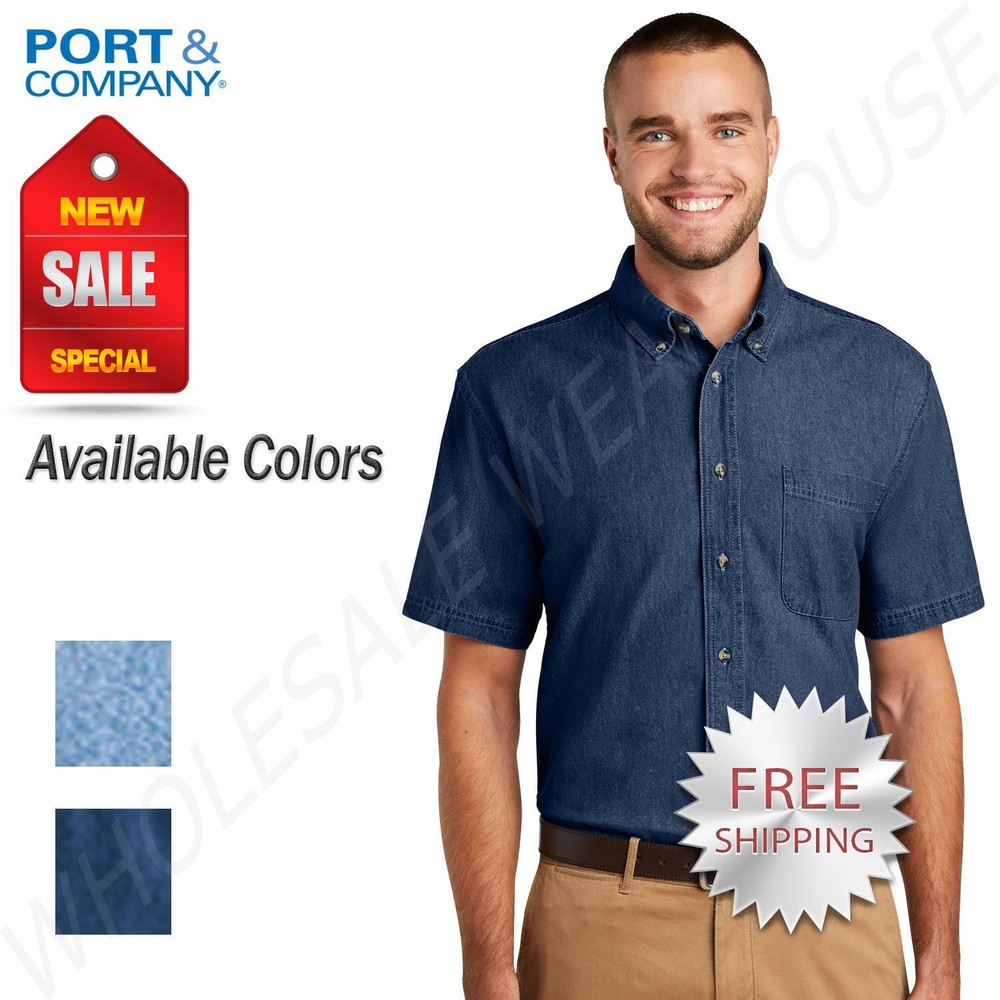 Port & Company Mens Denim Shirt Short Sleeve Button Down Pocket Shirt SP11