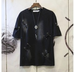 Men’s Punk Rock Distressed T-Shirt Safety Pin Hollow Out High Street Hip Hop Top