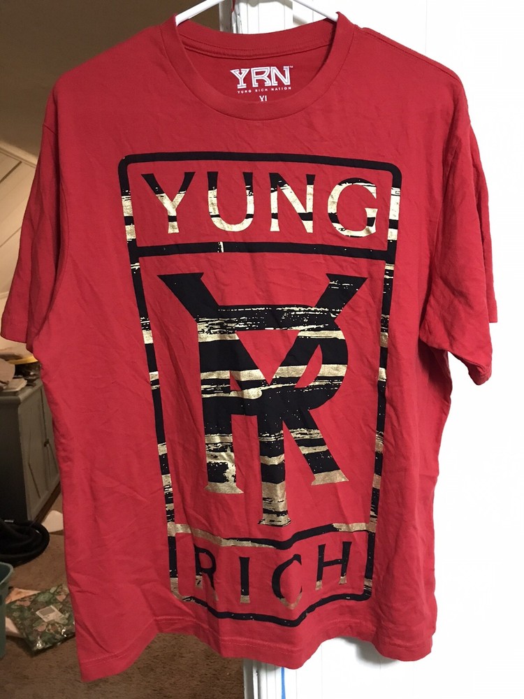YRN Yung Rich Nation YR Logo Size Extra Large XL T-shirt Red W/Gold Foil Black