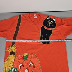 Jerzees Vintage Orange Halloween Applique Painted Black Cat T Shirt Size XL USA