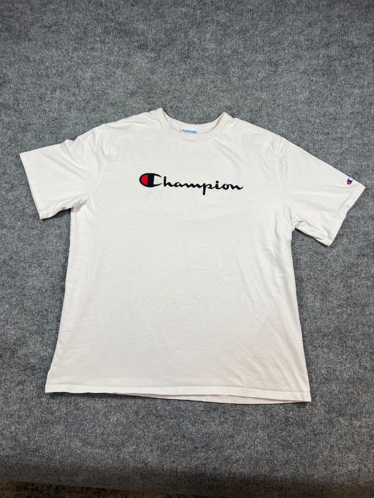 Champion T Shirt Mens 2XL White Cotton Logo Embroidered Crew Neck Straight Hem