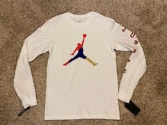 $45 MICHAEL AIR JORDAN FLIGHT JUMPMAN WHITE RED BLUE GOLD LONG SLEEVED T-SHIRT