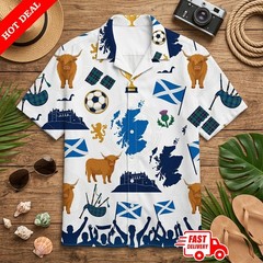 Scotland Scottish Highland Cow Men Hawaiian Shirt Bagpipes Flag Aloha Summer Top