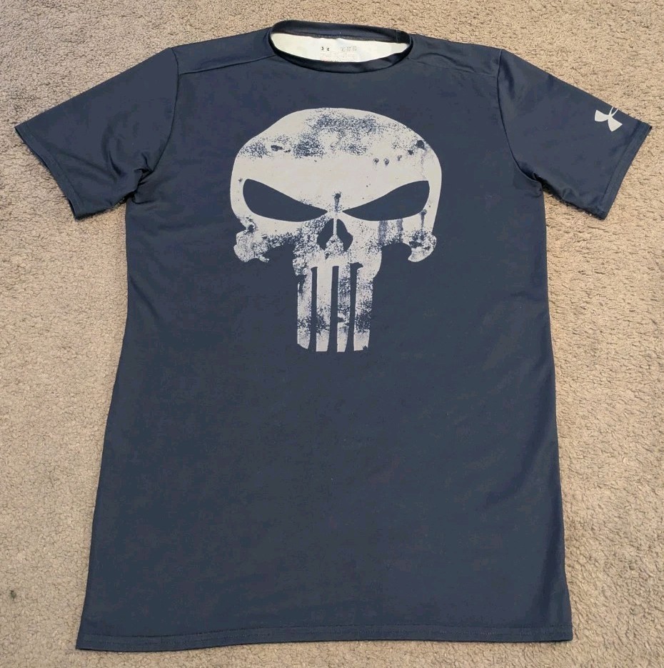 Under Armour X Marvel Punisher Skull Logo Navy Blue Compression T-Shirt Men’s XL
