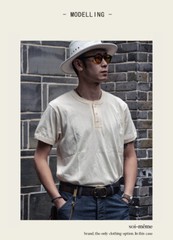 Cotton Henry Collar Short Sleeve T-Shirt Summer Men American Retro Fitness