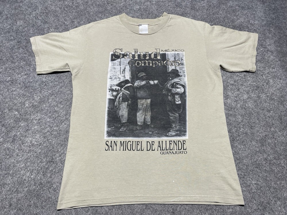 Salud Compadre San Miguel de Allende Beige Medium Shirt Distressed Mexico VTG