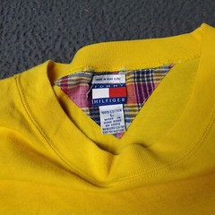 VINTAGE 90s Tommy Hilfiger T Shirt Mens L Large Short Sleeve Lined Yellow Pocket