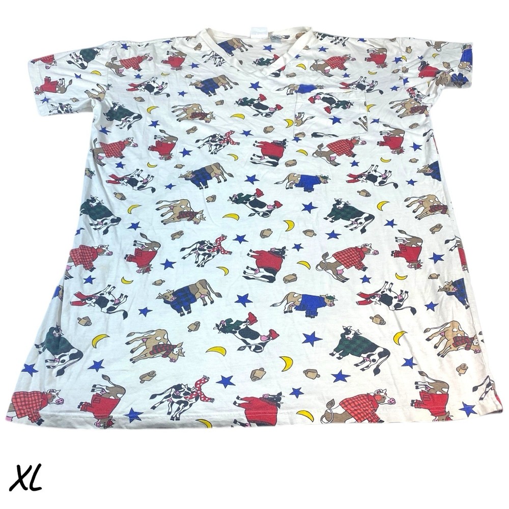 VTG T Shirt Nightgown 90s Women’s XL Sleep Cows USA Soft Sleeping White Cotton