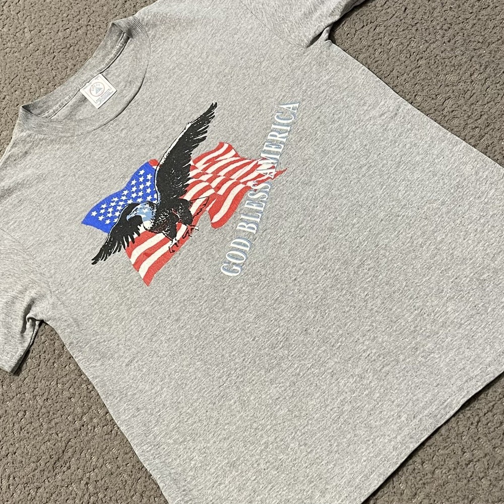 God Bless America Shirt S Gray U.S. American Flag Bald Eagle Graphic Delta Tee