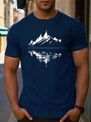 Men’s 100% Cotton T-shirt Summer Casual Loose Fit Mountain Print Tee Top
