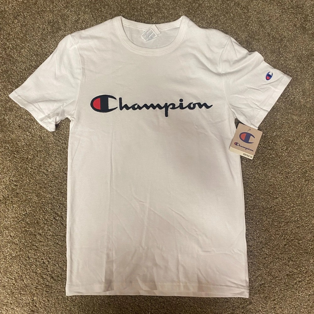 Champion Heritage Life Script Raised Logo Tee Shirt Mens large White Athletic