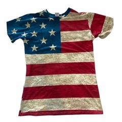 American Flag Rayon Stretch Photo Print T-Shirt Patriotic Muted Red White Blue