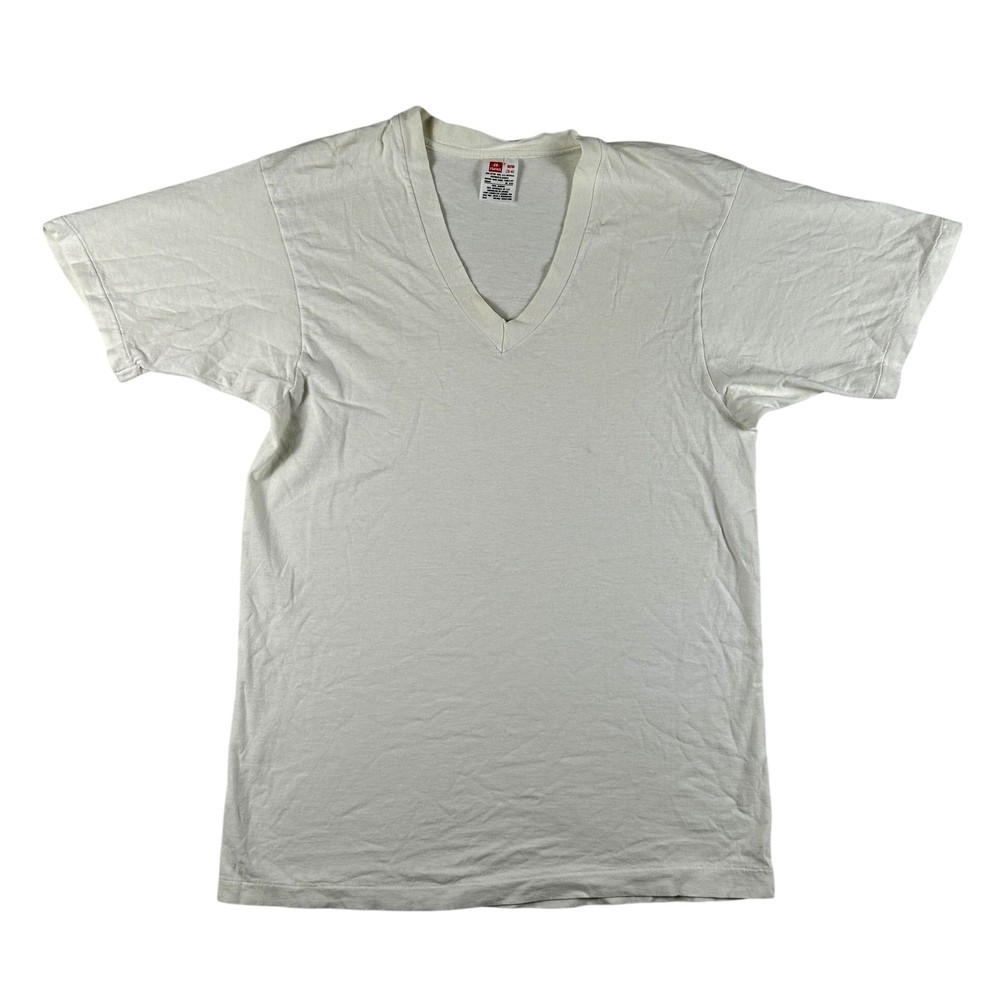 Vintage Hanes Shirt Mens Medium White V-Neck Cotton Undershirt Basic Tee Blank