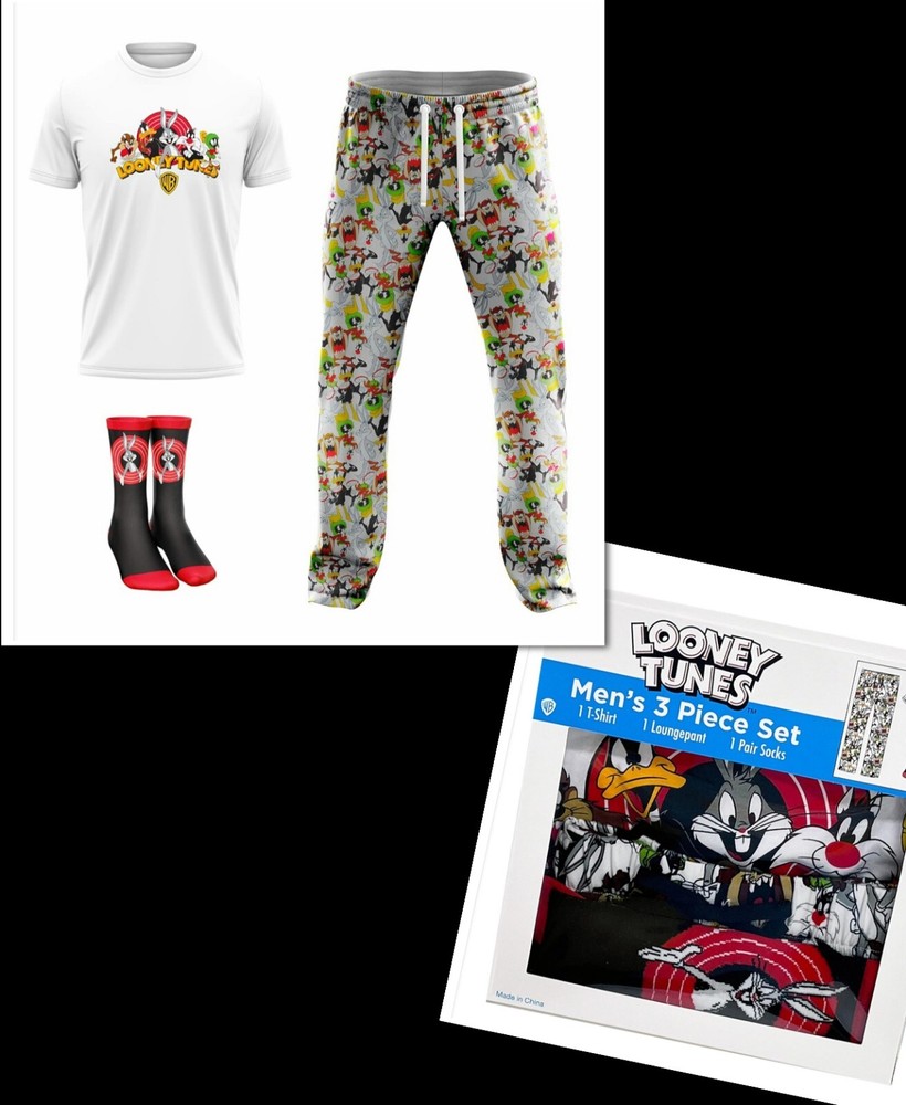 WB LOONEY TUNES 3 PIECE MEN’S SET (T-shirt, Loungepant & 1 pair socks) SZ XL