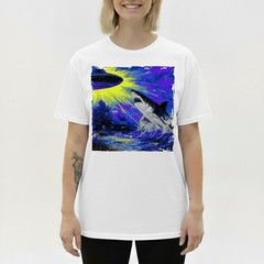 Retro UFO Shark Attack T-Shirt Vintage Sci-Fi Alien Abduction Space Graphic Tee