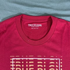 True Religion Mens Small Graphic T Shirt Red Buddha Guitar Logo Crew Neck
