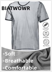 Zonbailon Mens Tops Undershirts Shirts Short Mesh Sleeve See Through T-Shirt