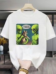 Men’S Fashion Round Neck T-Shirt, Green Alien And Tabby Cat Creative Pattern