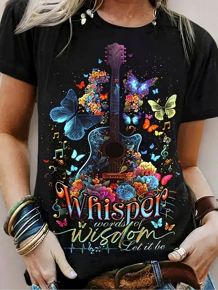 1pc Women’S Whisper of Wisdom Guitar And Butterfly Pattern T-Shirt- 100% Pure,