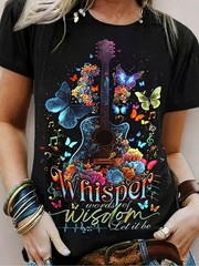 1pc Women’S Whisper of Wisdom Guitar And Butterfly Pattern T-Shirt- 100% Pure,