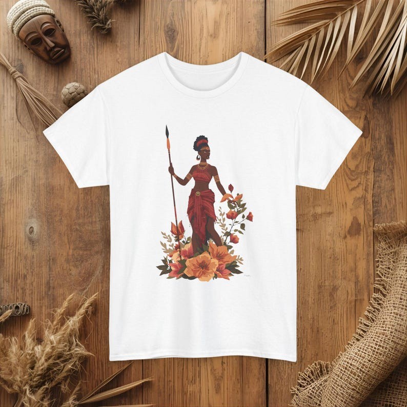 African Warrior Woman T-Shirt | Floral Spear Illustration