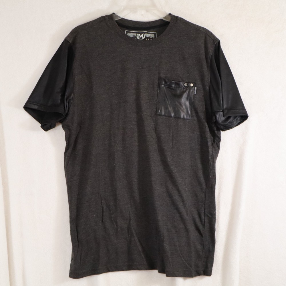 MOST OFCL SEVEN Men’s T‑Shirt Gray Faux Leather Short Sleeves Grunge Bike–Size L