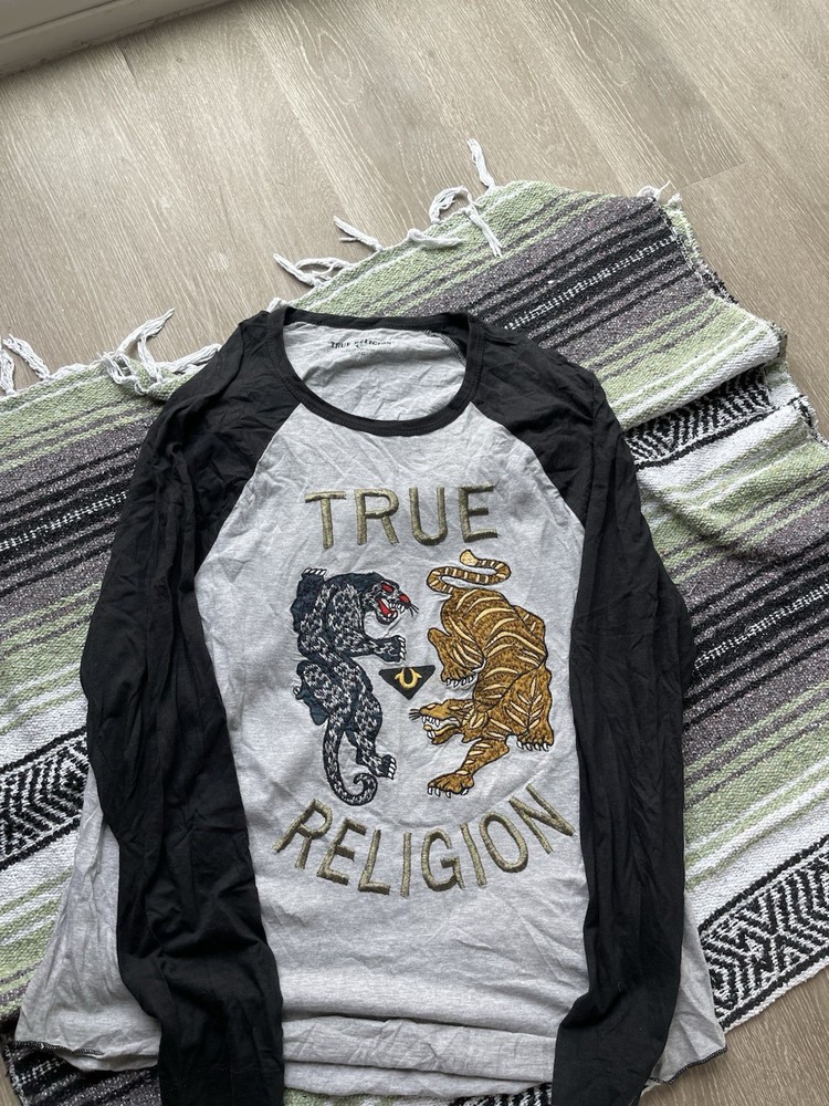 True Religion Gray Black Raglan Graphic Logo Crew Neck Long Sleeve Tee Men XL-TG
