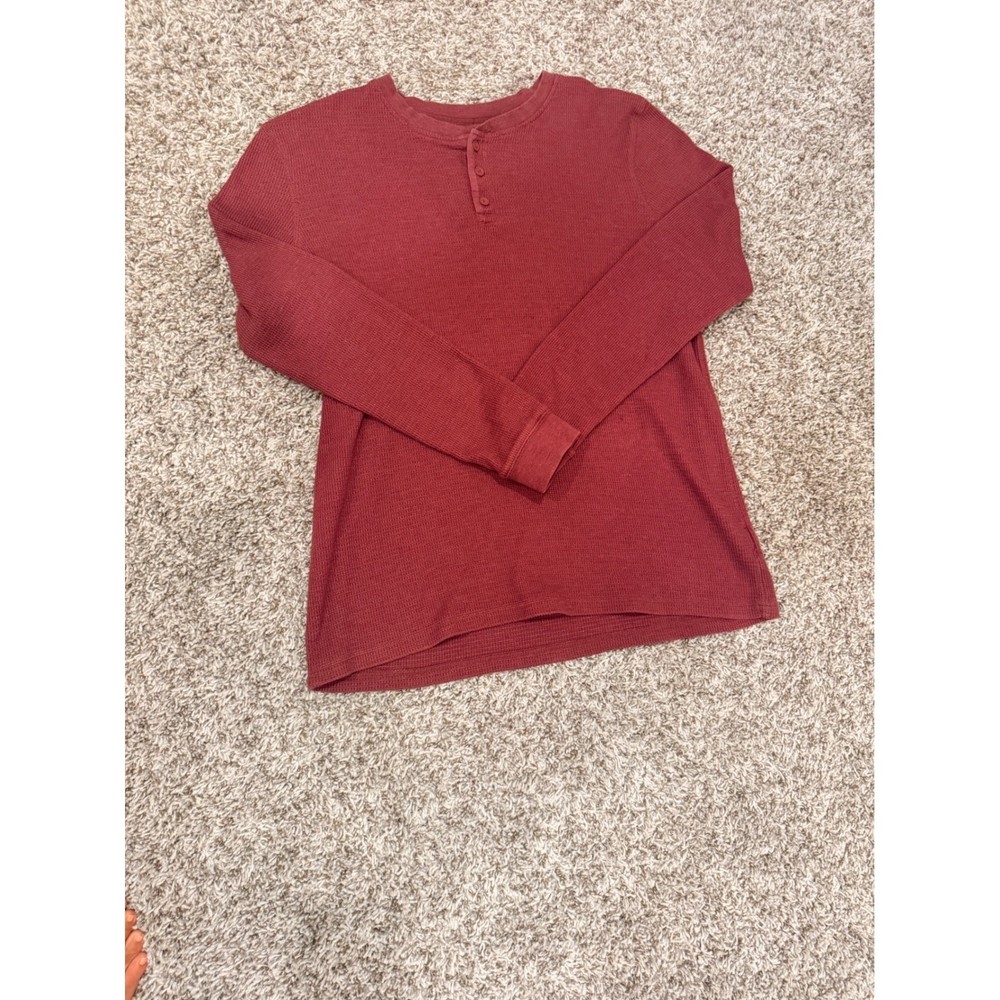 George Mens XLT Henley Shirt Long Sleeve Burgundy Red Waffle Knit Thermal Top