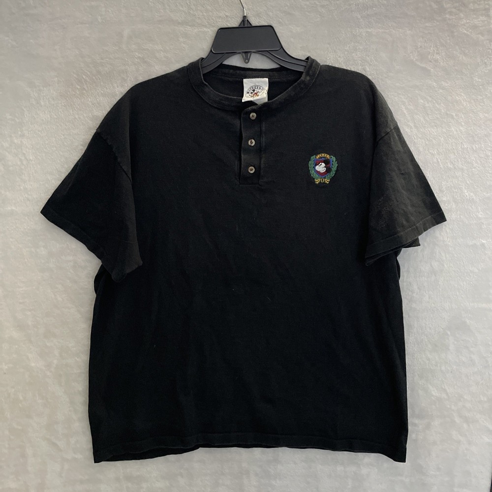 Mickey & Co. Mens Henley T Shirt Black Embroidered XL Cotton Short Sleeve VTG