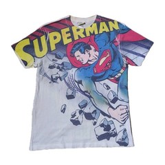 Vintage DC Comics White Superman T Shirt Medium Big Graphic Front Hit Crew Neck