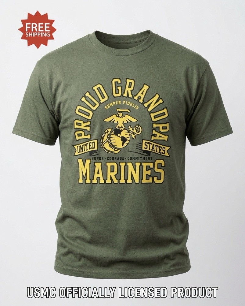 USMC “PROUD GRANDPA UNITED STATES MARINES” Green T-Shirt – New – Size M / MEDIUM