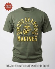 USMC “PROUD GRANDPA UNITED STATES MARINES” Green T-Shirt – New – Size M / MEDIUM
