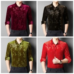 Men Velevt Blouse Shirts Tops Floral Printed Plush Casual Formal Cardigan M-3XL