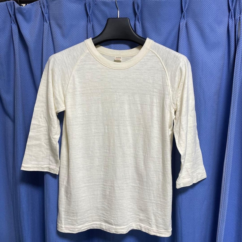 Raglan Sleeve 3/4 White Cut and Sew Slub Fabric Used Japan