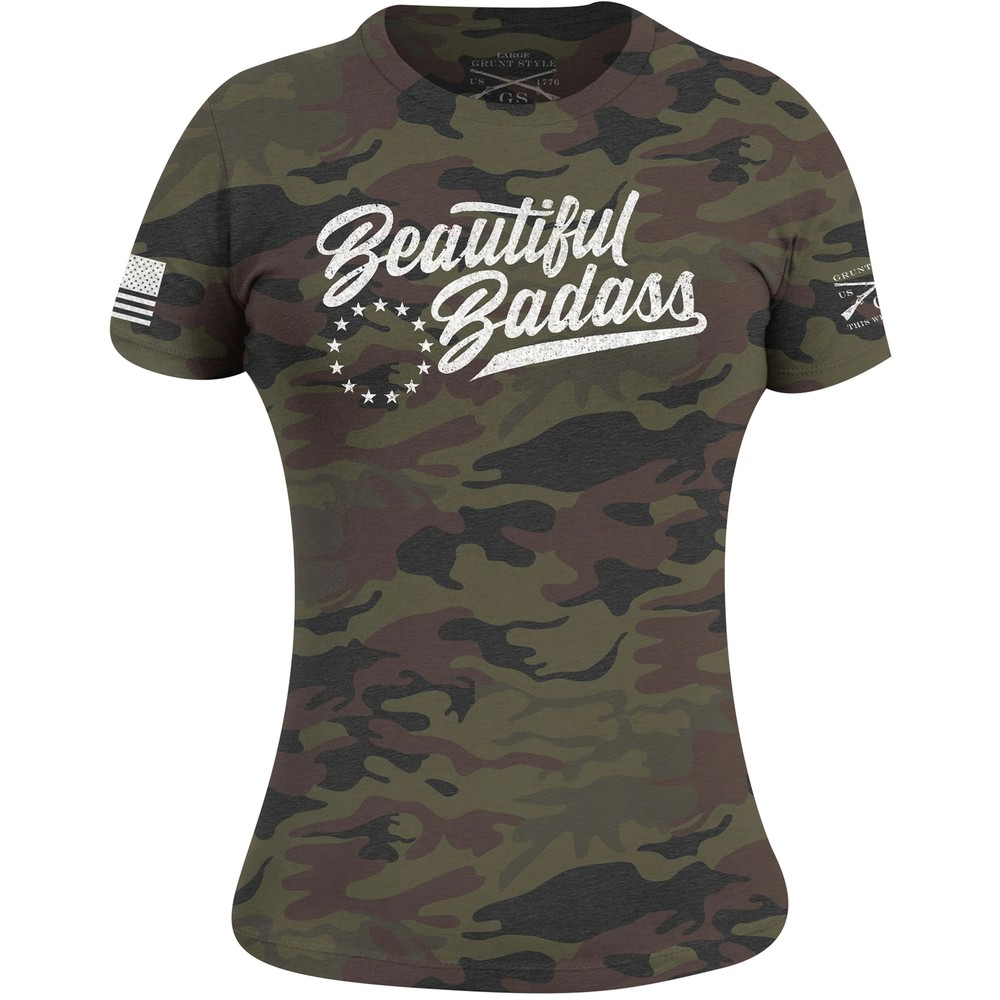 Grunt Style Women’s Beautiful Badass T-Shirt – Woodland Camo