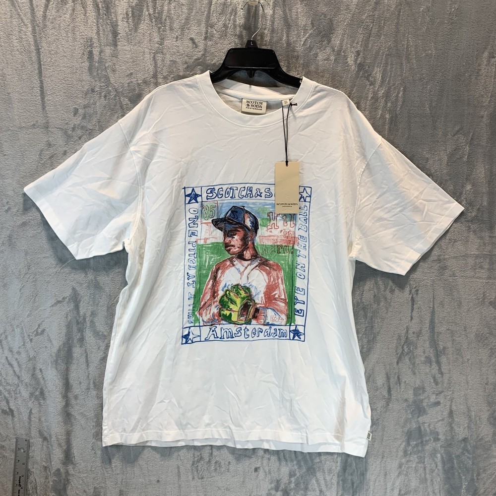 Scotch & Soda Men’s T Shirt Baseball Artwork Tee XXL White 100% Organic Cotton