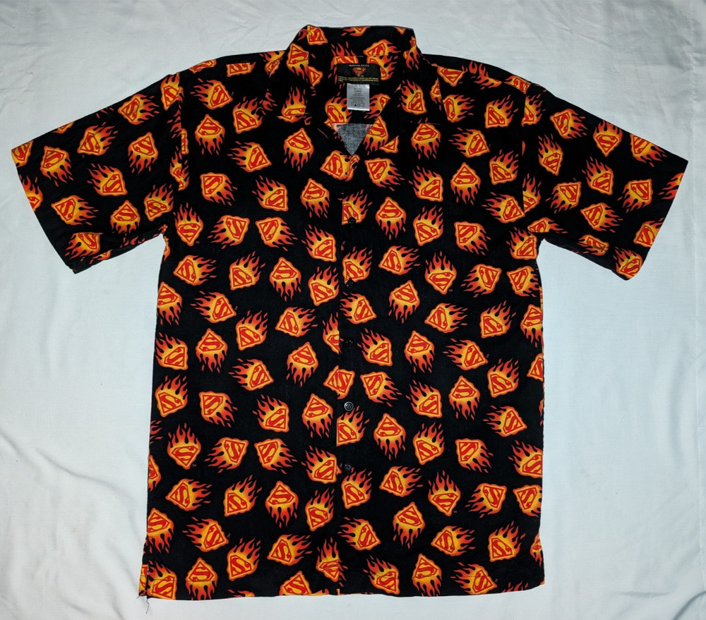 Warner Brothers Superman Shirt Black Flame S Logo Button L Short Sleeve Camp EC