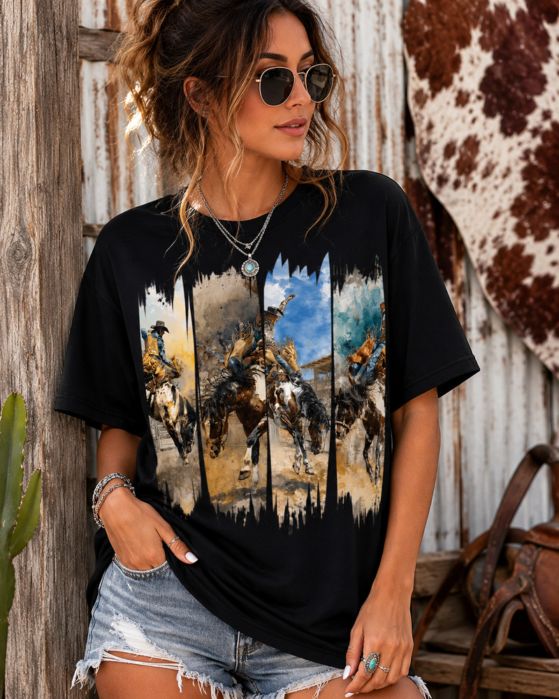Western Rodeo Cowboy Horse Graphic T-Shirt Vintage Country Unisex Crew Neck Tee