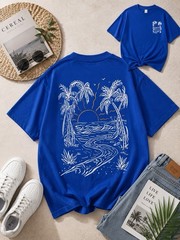 Tropical Beach Sunset Graphic Unisex T-Shirt | Coastal Palm Tree Back Print