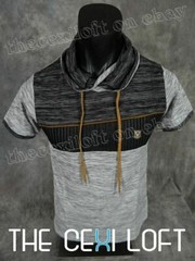 Mens Big Collar T-Shirt Grey Faux Leather Crest SLIM FIT Designer Short Sleeve