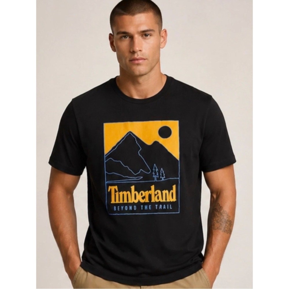 Timberland Black Short-Sleeve Tee with Yellow & Blue Mountain Graphic
