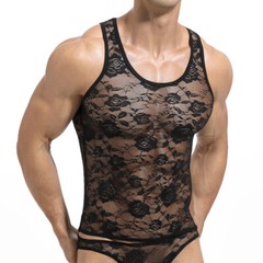Mens Gym Tops Tank Top Vest Undershirts Lace T Shirt Floral Sleeveless Sexy