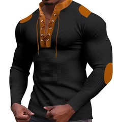 Cross-border new men’s waffle color matching strap V-neck top casual.