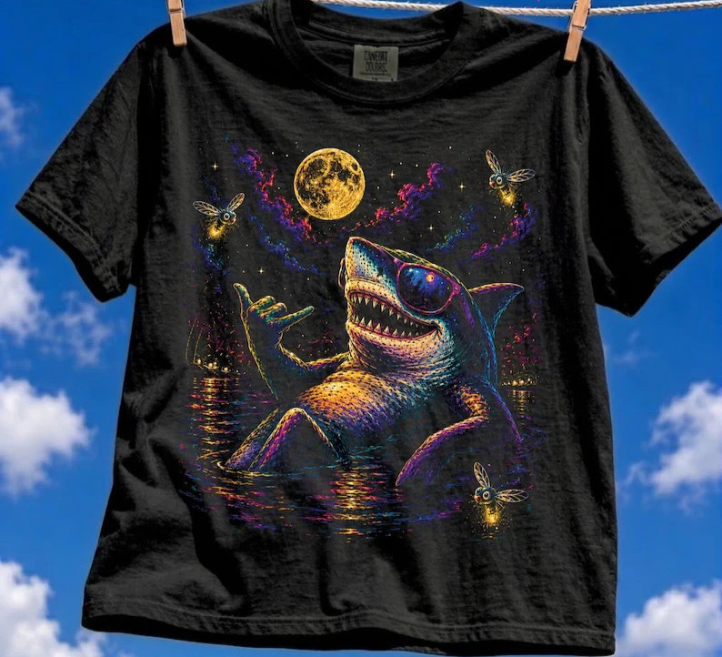 Shark Howling at Moon Vintage 90s Graphic Shirt, Retro Great White Shark Wildlif